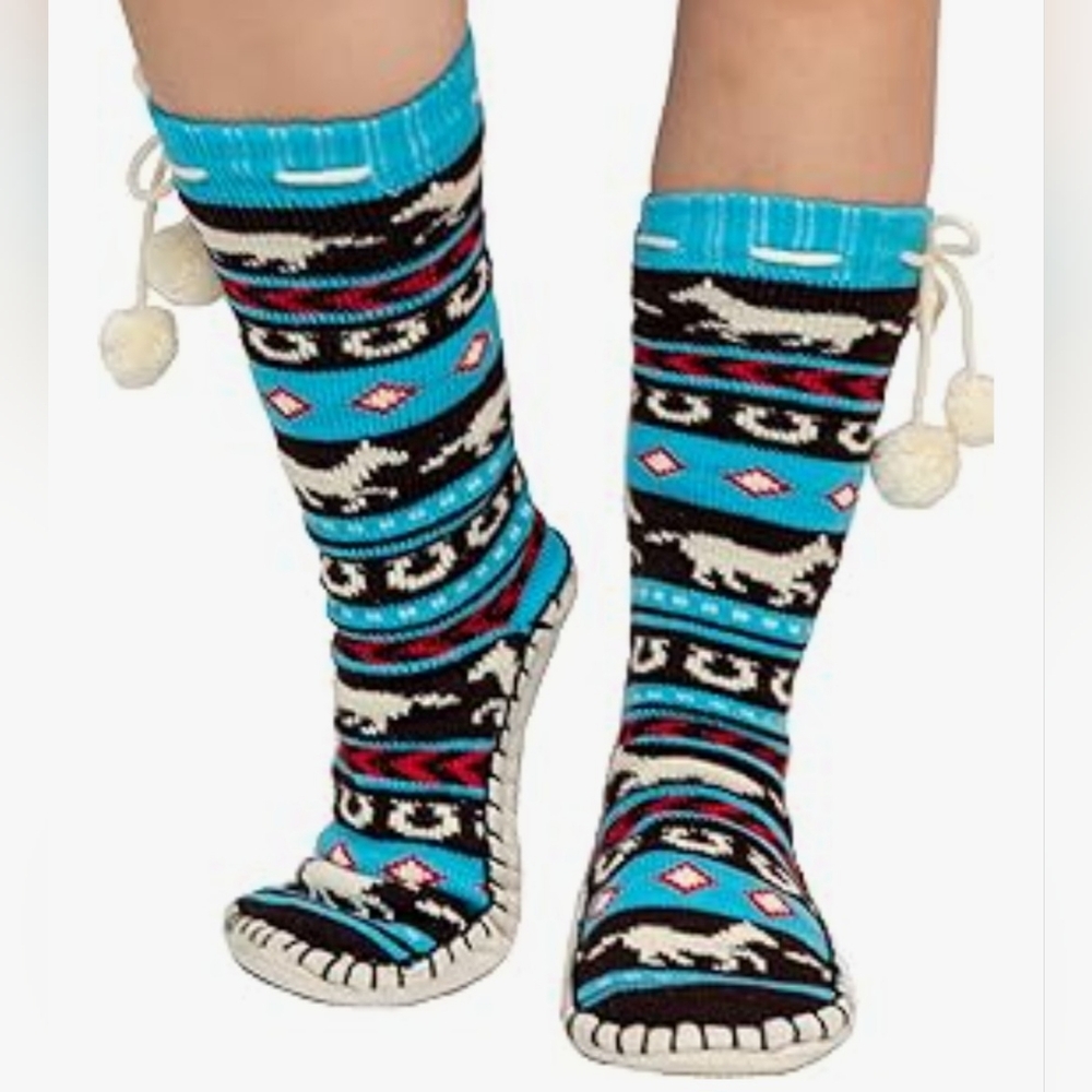 Lazy One Turquoise and Red Knit Slipper Socks